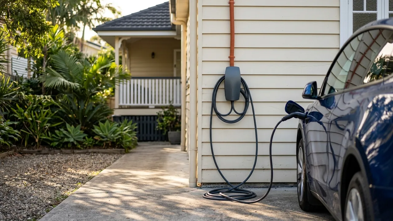 I have successfully generated the EV charger installation scene based on your Brisbane specifications. The image captures the grounded, editorial aesthetic with a Queenslander timber home background and late afternoon...