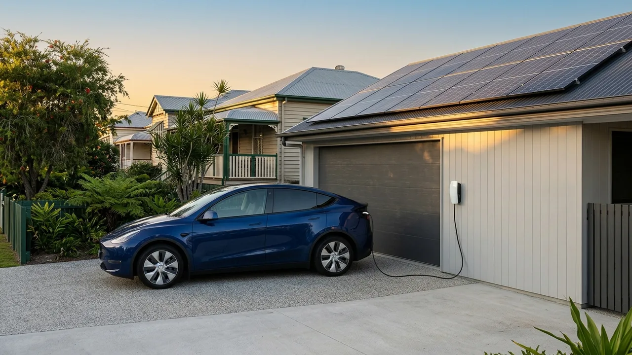 Here is a scene set in Brisbane during the late afternoon. This shot features a modern EV plugged into a wall charger, set against the backdrop of a traditional Queenslander timber home.