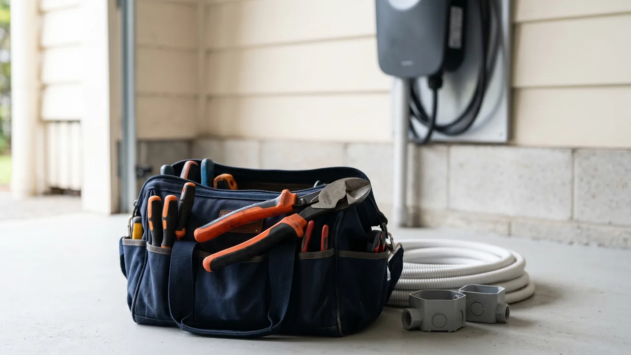This editorial-style close-up features a central subject that effectively conveys professional workmanship—a well-used tool bag with pliers and conduit. The clean concrete floor and the blurred, generic wall-mounted char